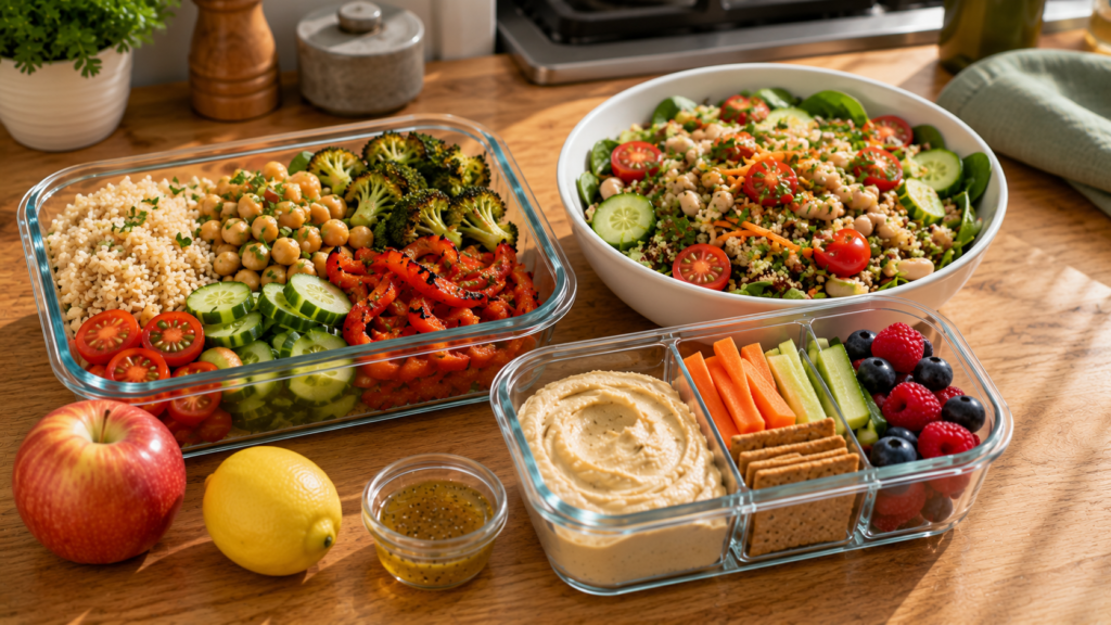 Easy healthy lunch ideas for work with grains, beans, vegetables, hummus and fruit