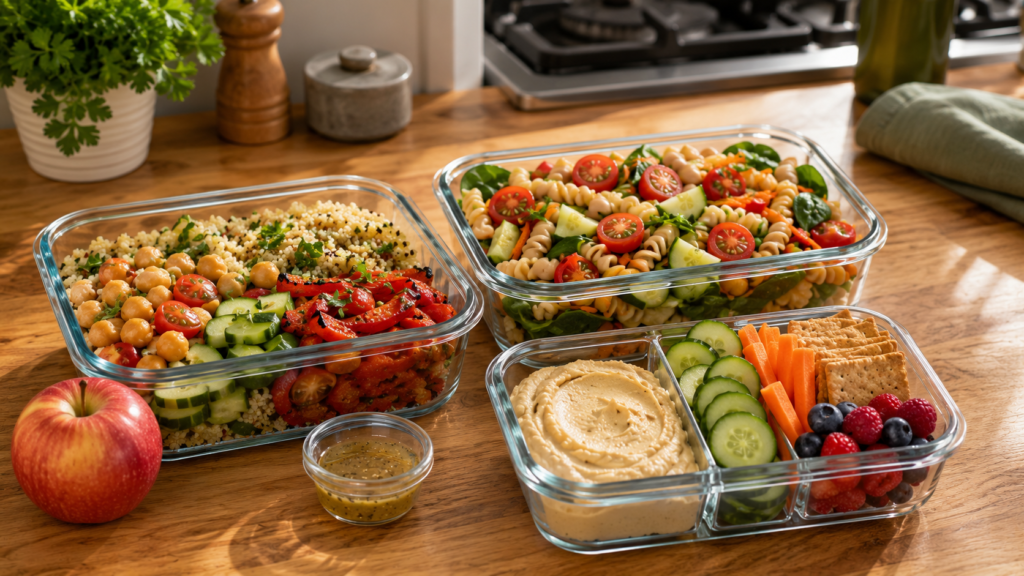 Easy packed lunch ideas for adults with grains, beans, vegetables, hummus and fruit