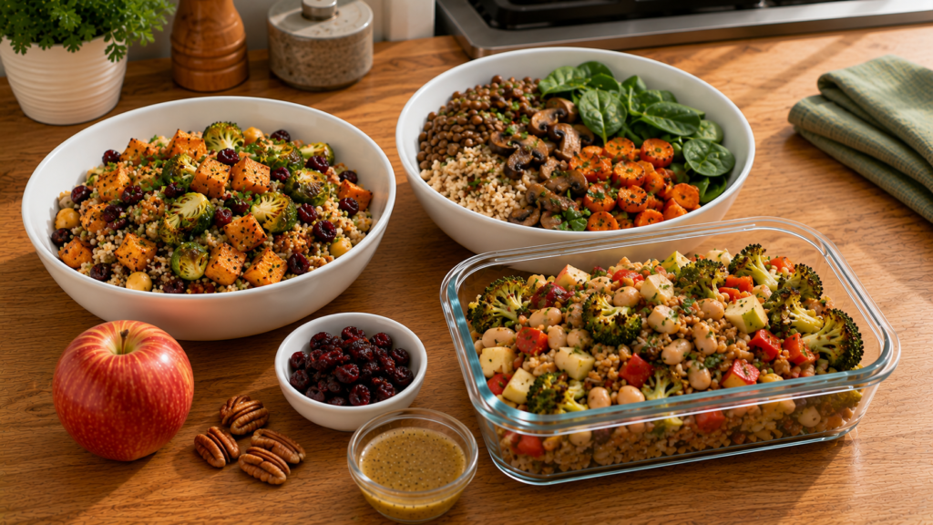 Fall lunch ideas with grains, beans, lentils, roasted vegetables, apples and cranberries