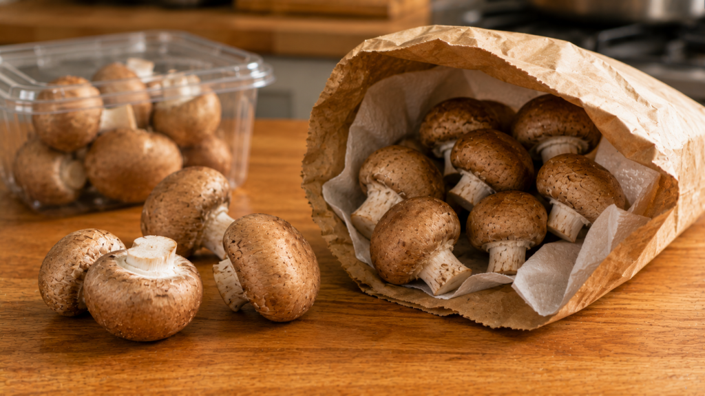 Fresh cremini mushrooms stored in a paper bag with a dry paper towel