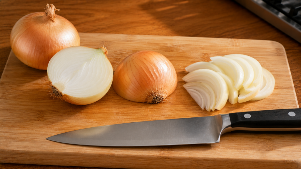 Yellow onion being prepared for slicing with a sharp chef's knife