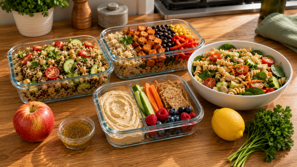 Make-ahead lunch ideas with grains, beans, vegetables, hummus and fruit