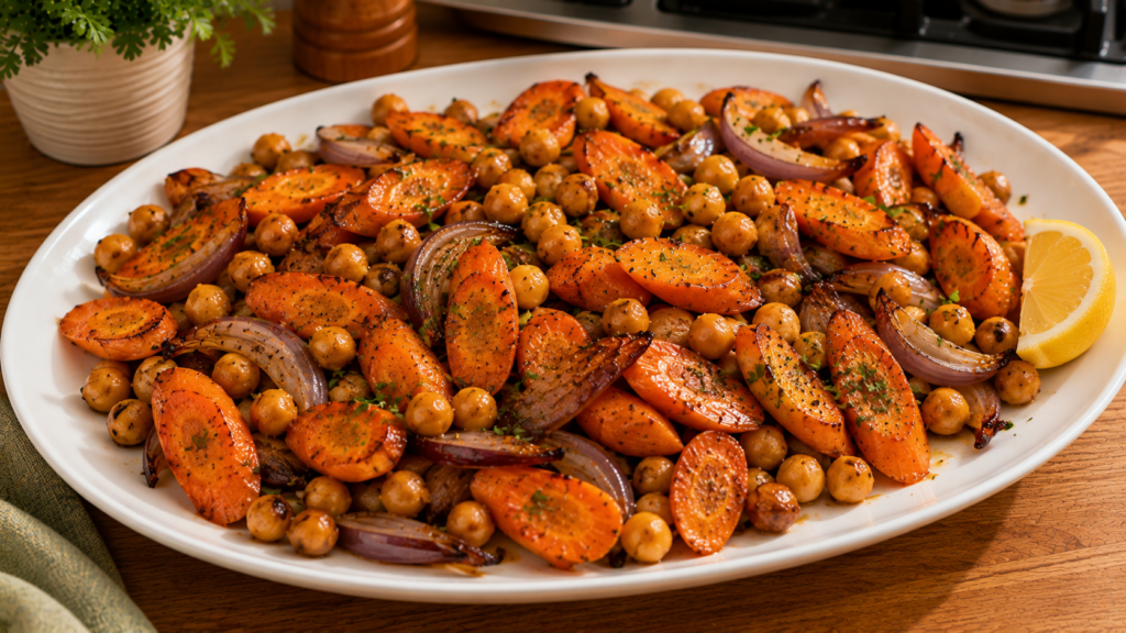 Maple Dijon roasted carrots and chickpeas with red onion and fresh parsley