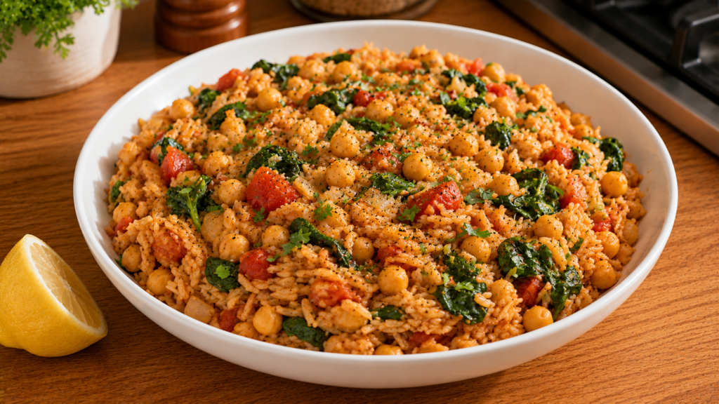 One-pot tomato spinach rice and chickpeas with fresh parsley