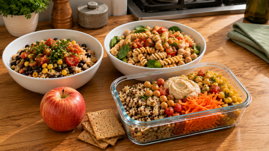 Simple lunch ideas using pantry staples with beans, grains, pasta and vegetables