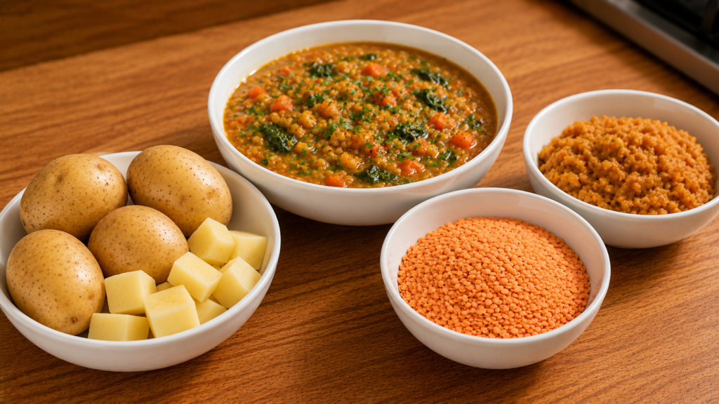 Potatoes and red lentils compared as ingredients for hearty soups and meals
