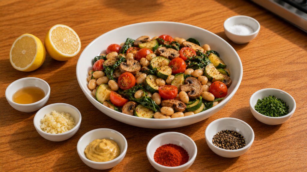 Lemon, vinegar, garlic, herbs and spices beside a savory vegetable and white bean meal