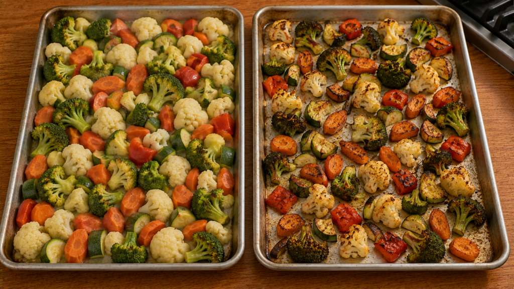 Comparison of overcrowded soggy vegetables and properly browned roasted vegetables