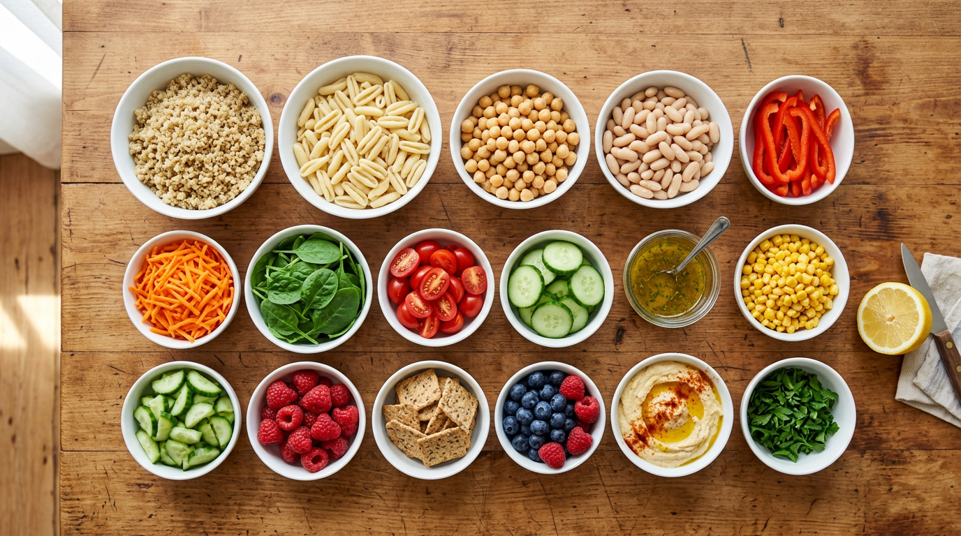 Ingredients for weekly lunch meal prep including grains, beans, vegetables and hummus