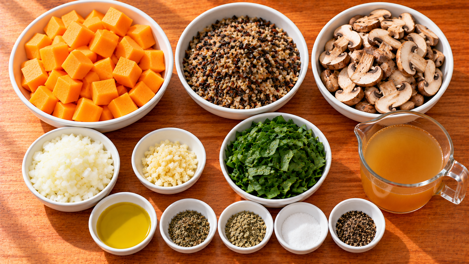Cubed butternut squash, cooked wild rice, mushrooms, spinach, and seasonings in white bowls