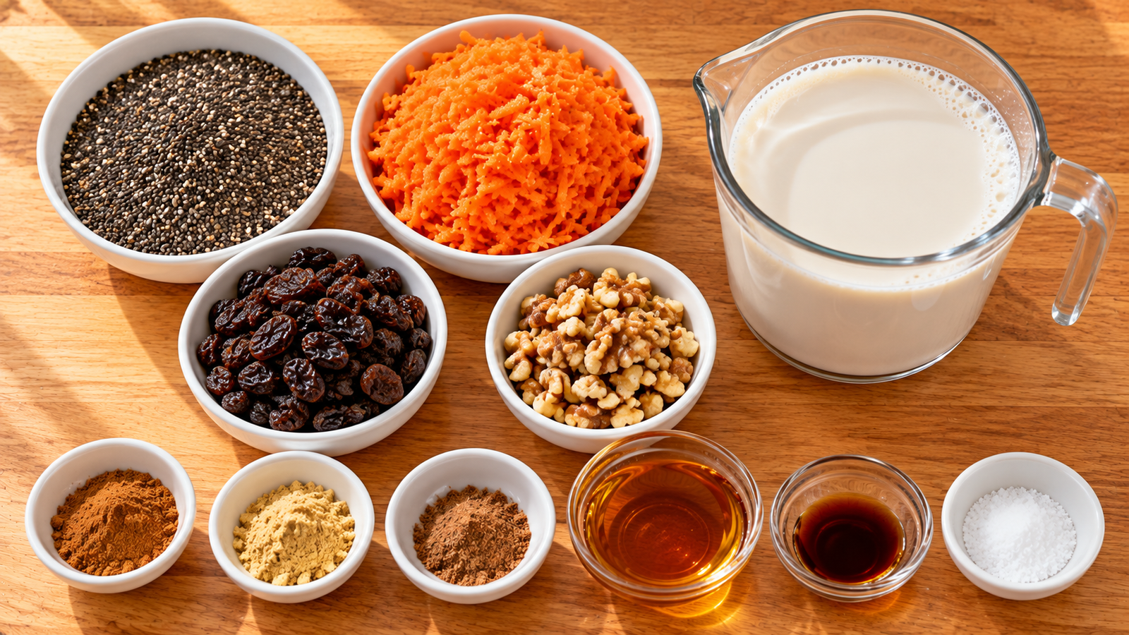 Chia seeds, grated carrot, raisins, walnuts, spices, maple syrup, vanilla, and plant milk arranged for chia pudding.