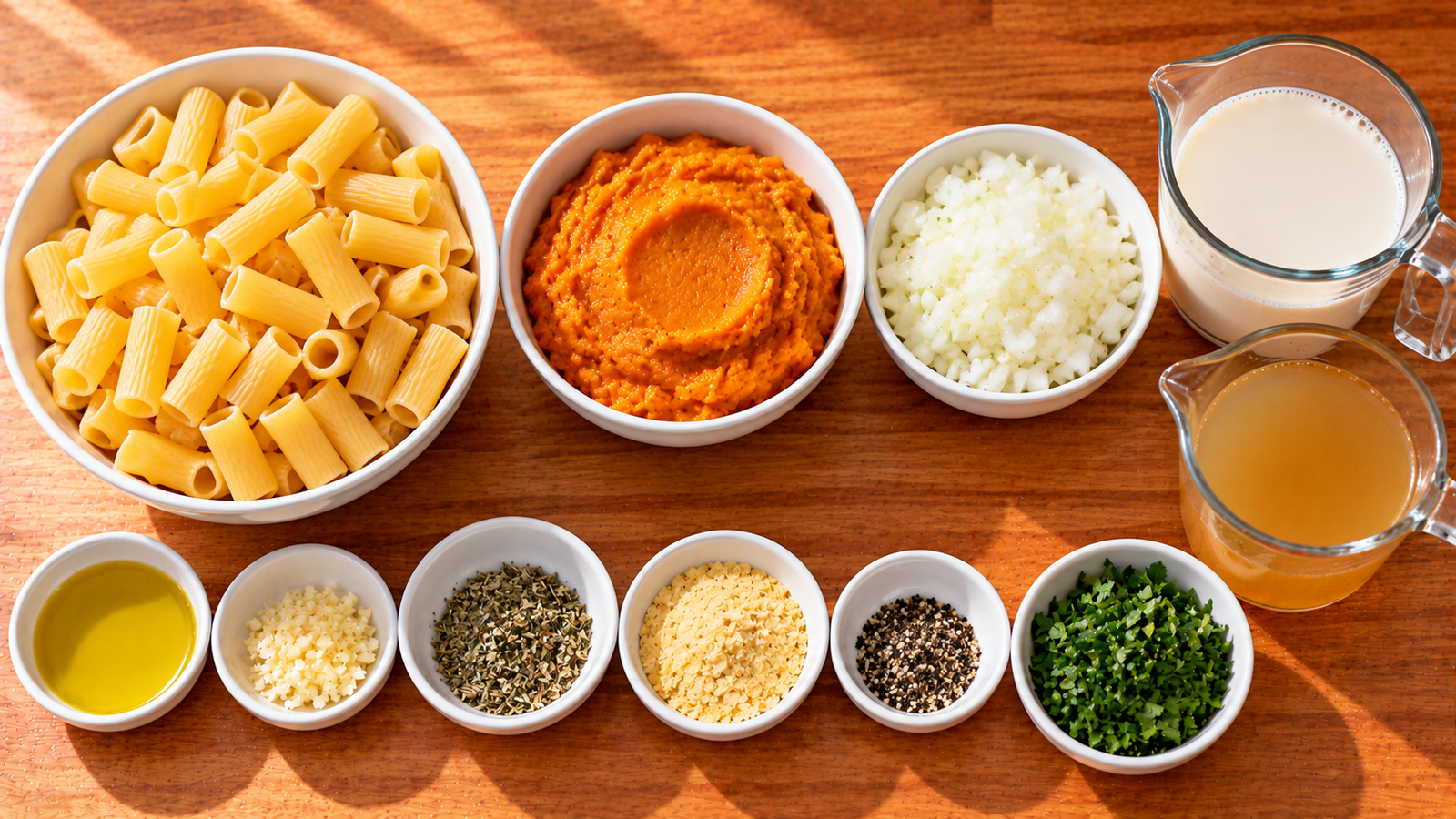 Pasta, pumpkin purée, sage, onion, garlic, oat milk, and other ingredients arranged in white bowls