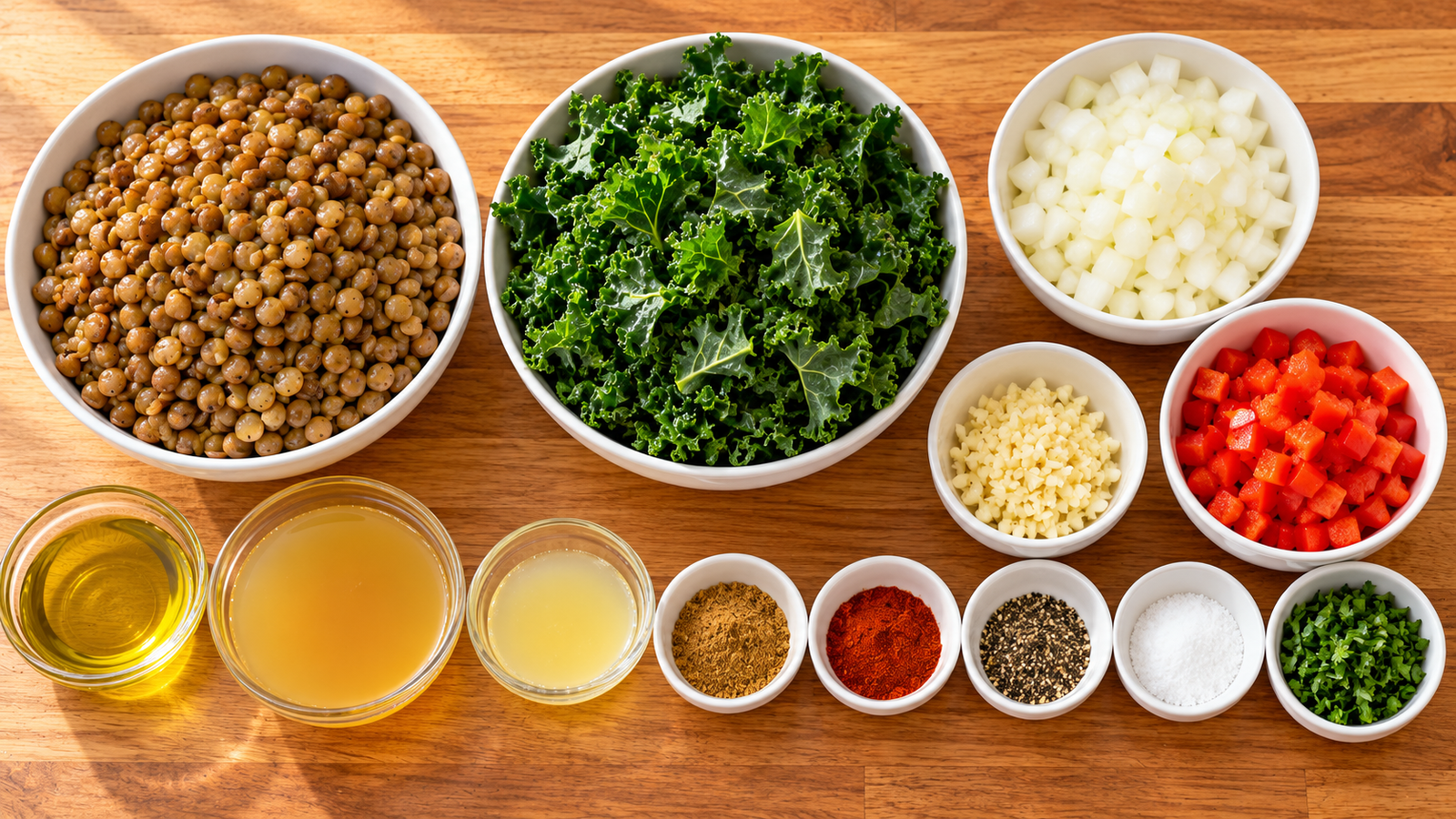 Lentils, kale, onion, red bell pepper, garlic, spices, broth, lemon juice, parsley, and olive oil arranged for a breakfast skillet.