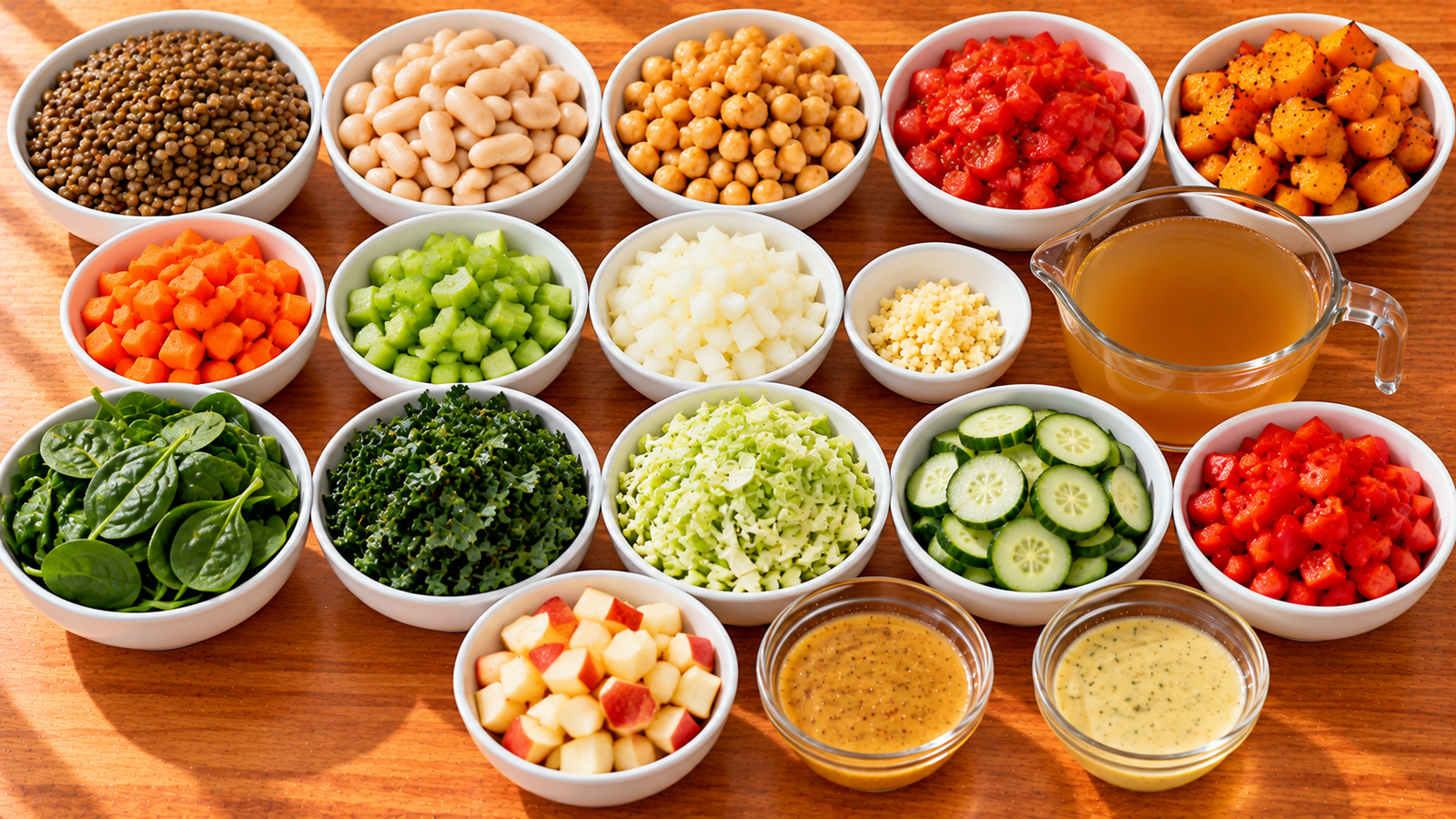 Beans, lentils, vegetables, leafy greens, broth, and dressings arranged for soup and salad lunches.