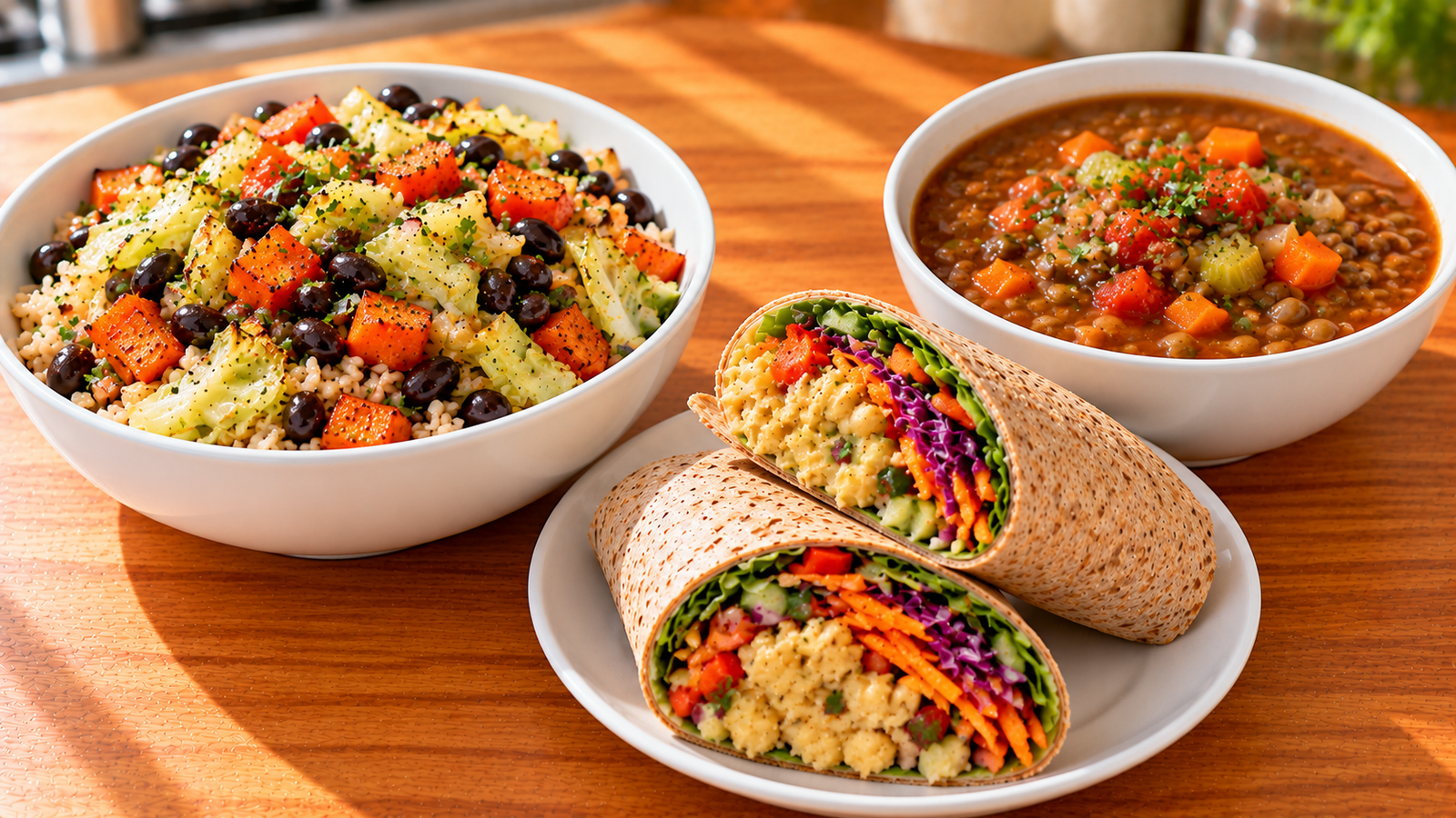 Bean and rice bowl, chickpea vegetable wrap, and lentil soup