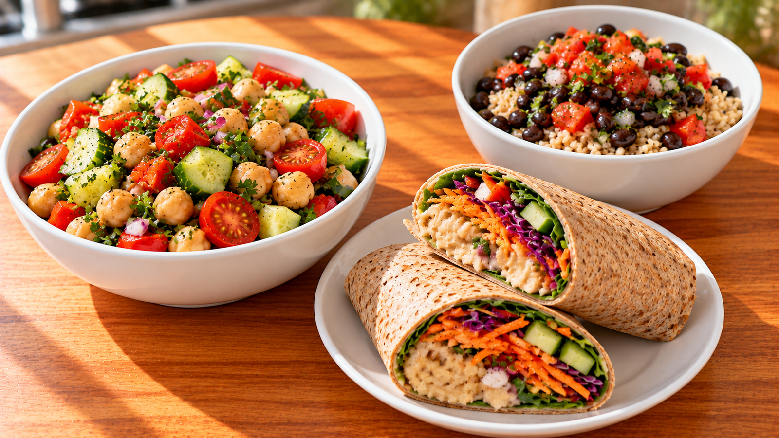 Chickpea salad, white bean vegetable wrap, and black bean rice bowl