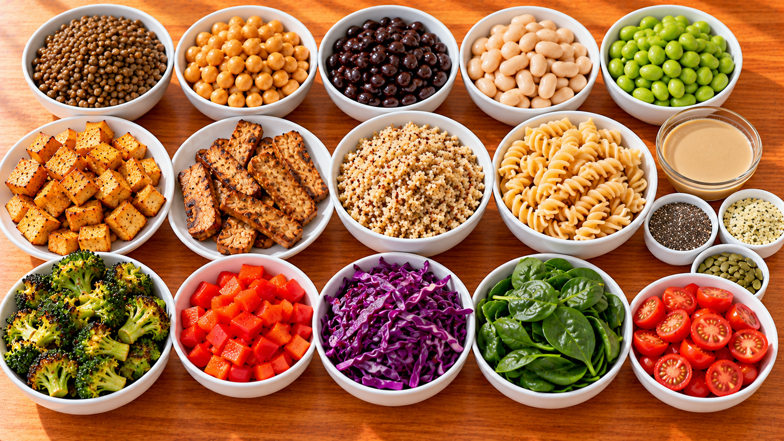Lentils, beans, tofu, tempeh, edamame, quinoa, chickpea pasta, seeds, and vegetables arranged for lunches.