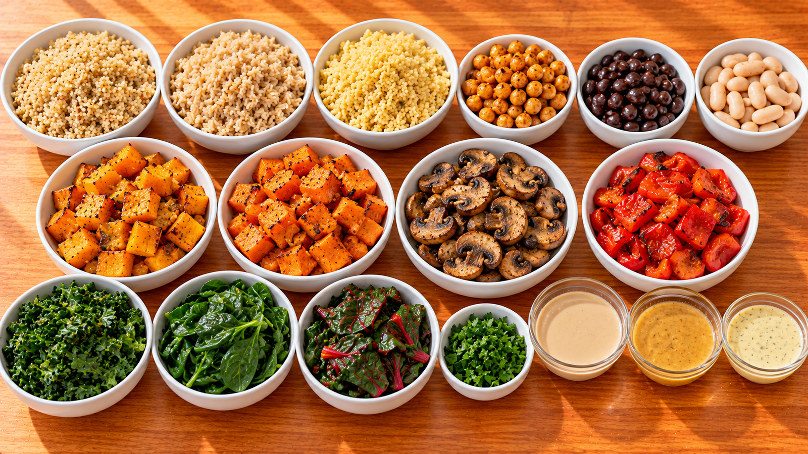 Cooked grains, beans, roasted fall vegetables, greens, and dressings arranged for customizable lunch bowls.