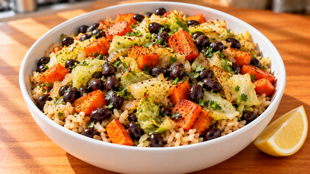 Brown rice and black bean lunch bowl with roasted carrots and cabbage
