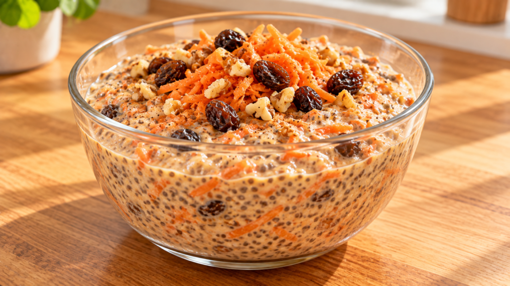 Creamy carrot cake chia pudding with finely grated carrots, raisins, cinnamon, and chopped walnuts.