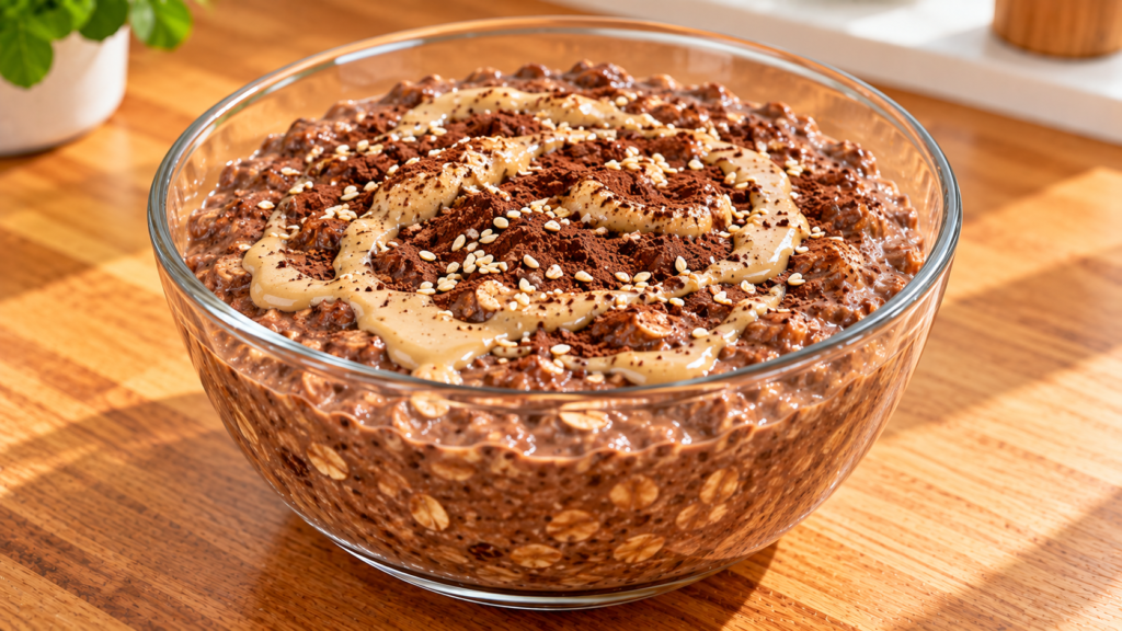 Creamy chocolate tahini overnight oats finished with a light tahini swirl.