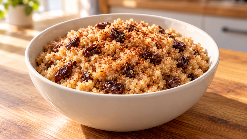 Warm cinnamon raisin quinoa breakfast bowl lightly sweetened with maple syrup.