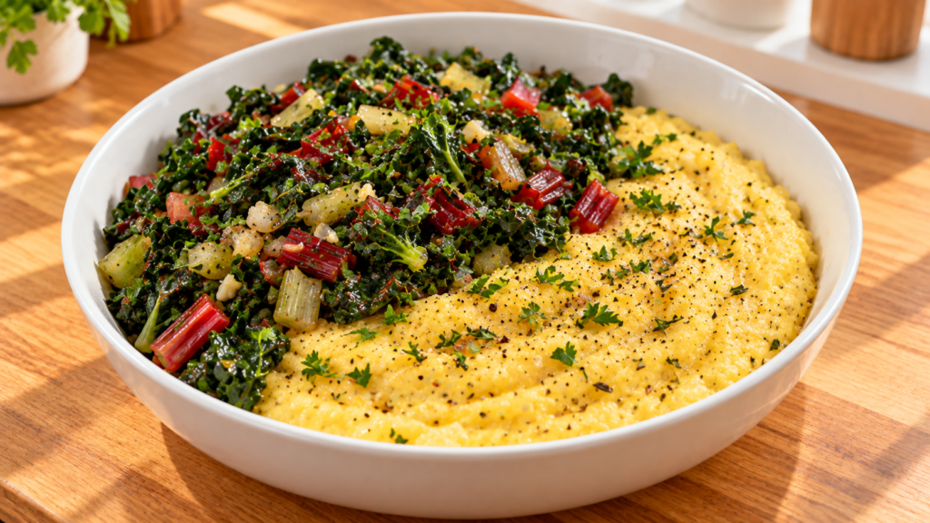 Creamy herb breakfast polenta topped with garlic-sautéed Swiss chard.