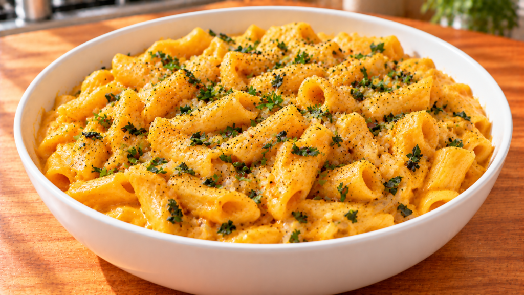 Creamy pumpkin sage pasta in a white serving bowl