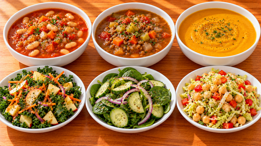 Three plant-forward soup and salad lunch combinations with beans, lentils, vegetables, and leafy greens.
