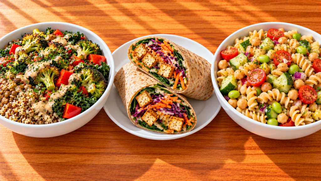 Vegetarian lunches featuring lentils, quinoa, tofu, chickpea pasta, edamame, vegetables, and plant-forward dressings.