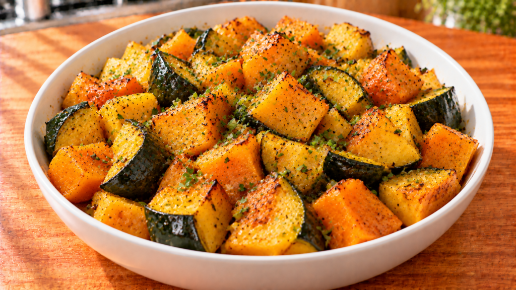 Roasted butternut and acorn squash with lightly browned edges in a white bowl