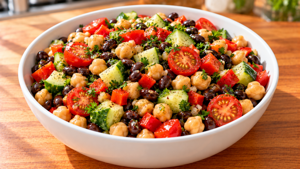 Chickpea and black bean lunch bowl with cucumber, tomatoes, bell pepper, and parsley