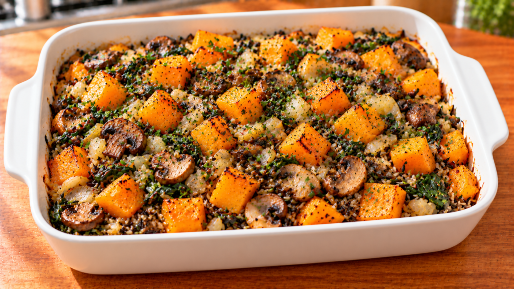 Butternut squash and wild rice bake with mushrooms and spinach in a white baking dish