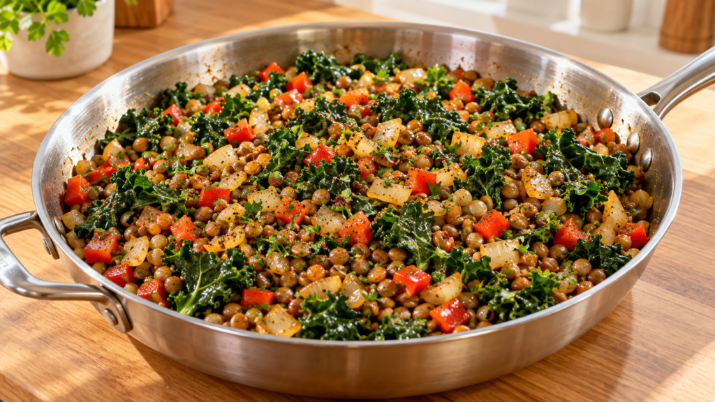 Savory breakfast skillet with brown lentils, tender kale, onions, and red bell peppers.
