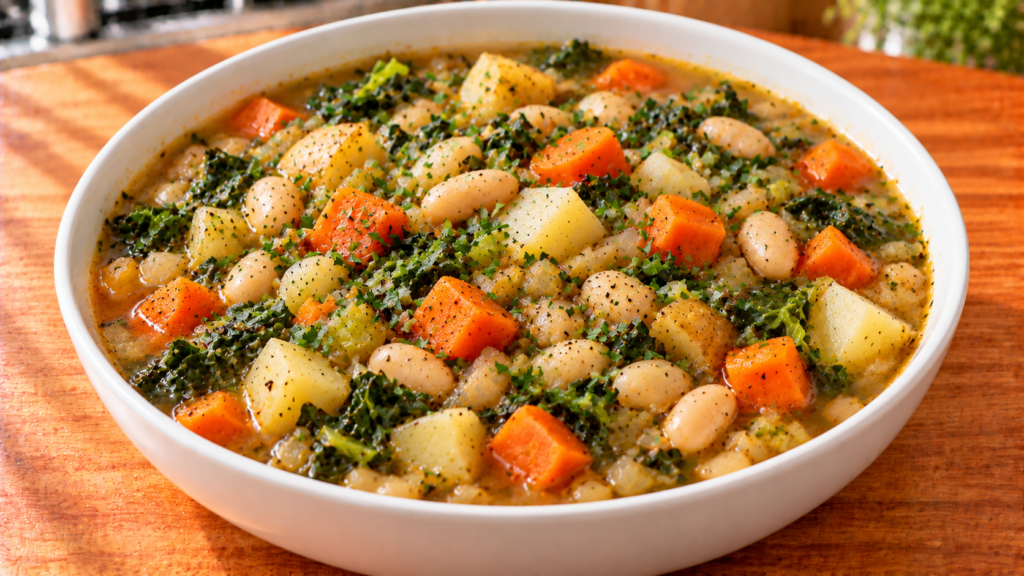 Hearty white bean and vegetable soup with potatoes and greens in a white bowl